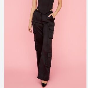House of CB Daria Black Satin Cargo Pants